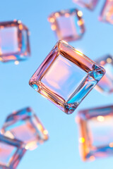 Fototapete - An artistic depiction of vibrant glass squares floating in a softly blurred environment, enhancing their colorful and translucent properties,