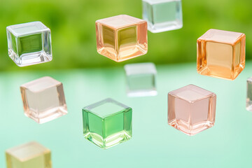 Poster - A serene abstract scene with floating colored glass squares in various shades, set against a softly focused green backdrop for a natural feel,