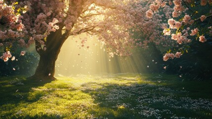 Poster - Sunbeams Through Blossoming Trees