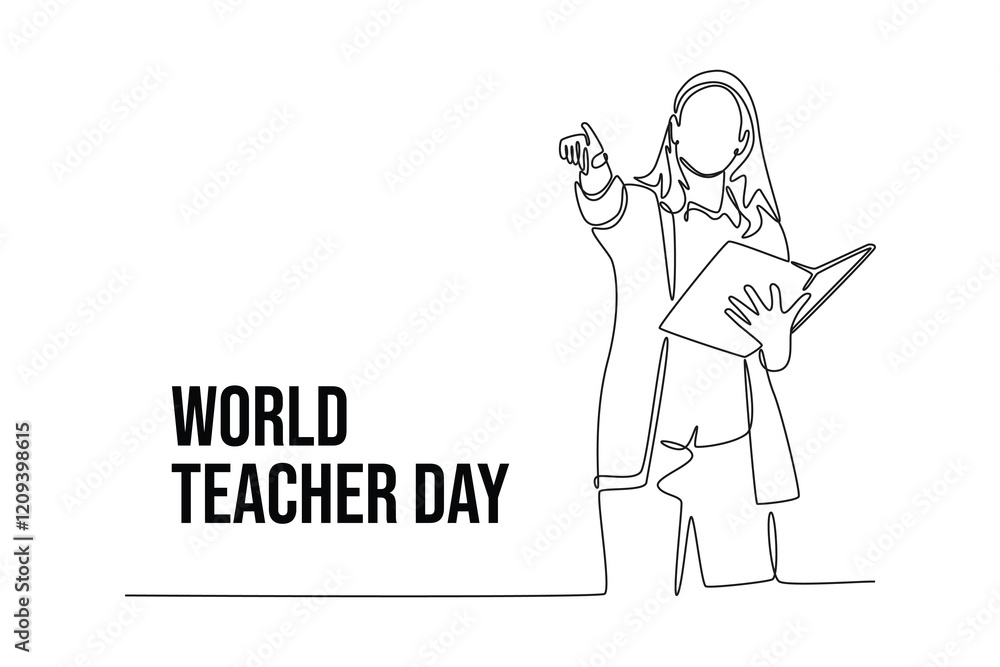 simple continuous line draw of A female teacher is seen teaching in ...