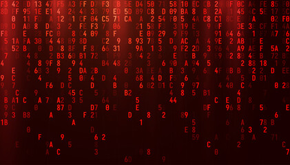 Fototapete - Abstract Red Binary Software Programming Code Background. Malicious Hack Malware Ransomware Concept. Data Leak Breach. Random Binary Data Matrix Wide Vector Illustration.