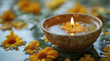 Canvas Print - Floating candle in bowl with yellow flowers.