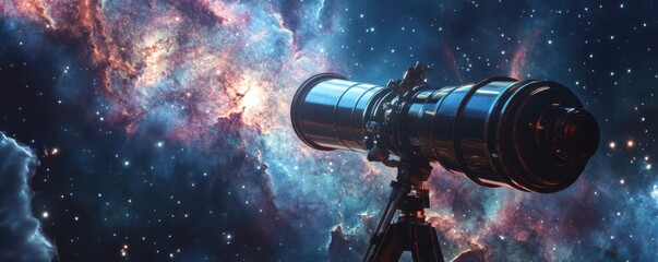 Wall Mural - a telescope peering into the depths of space, revealing galaxies and stars that are billions of year