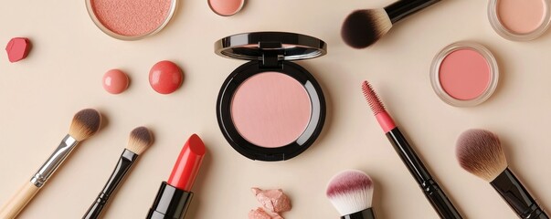 Flat lay of assorted makeup products including lipstick, blush, and brushes on a beige background