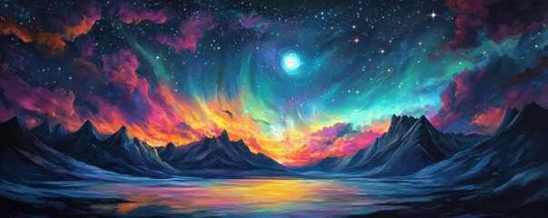 Wall Mural - a breathtaking panorama of the northern lights illuminating the night sky with celestial hues.