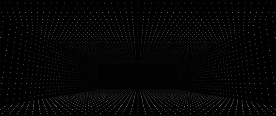 Fototapete - 3D Grid VR Room Background. Grid Frame Retrowave Party Flyer. Vintage Computer Virtual Reality VR Tunnel Technology Vector Illustration.