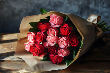 Wall Mural - bouquet of red and pink roses wrapped in kraft paper lies on rustic table softly lit and surrounded by generous copy