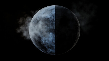 a black planet with half of its surface covered in dark blue haze, the other a clear and solid gray 