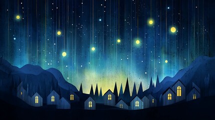 Wall Mural - Aurora Australis or Aurora Borealis over a winter village