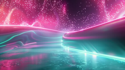 Wall Mural - ethereal digital landscape with neon glow and vibrant colors against a starry background, creating a