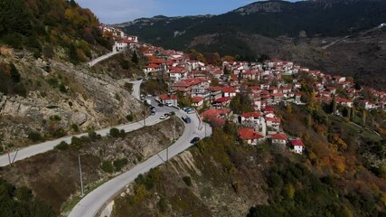 Wall Mural - Metsovo is one of the most beautiful villages in Greece, located in the mountain of Pindos, popular winter holiday destination, Aerial drone view