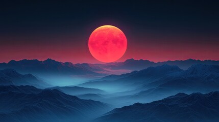 Wall Mural - Red moonrise over misty mountains, night scene