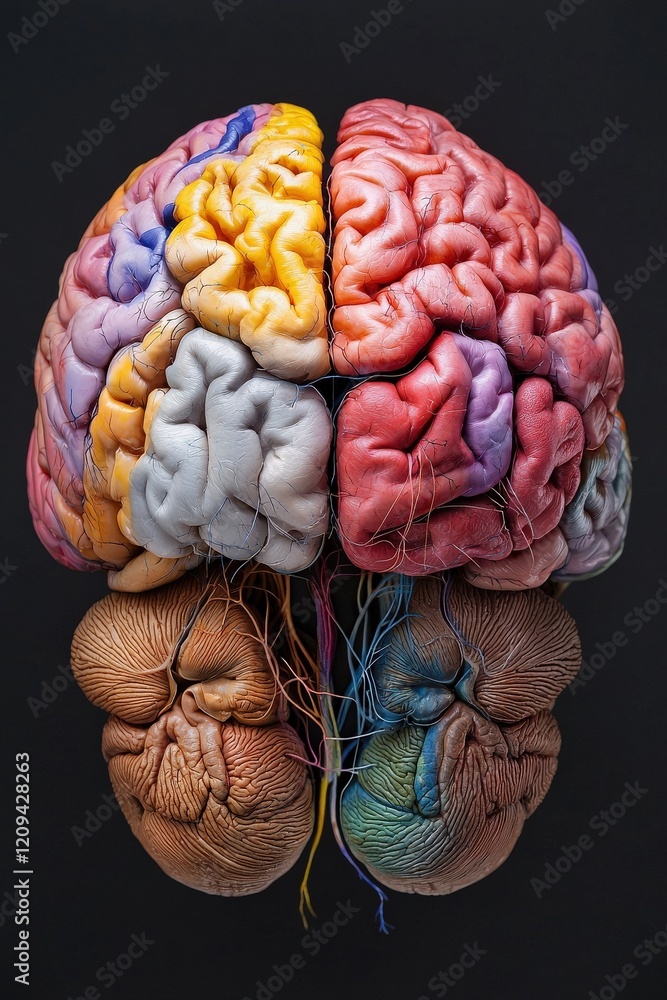 The anatomy of a human brain visualized with vibrant colors and labeled ...