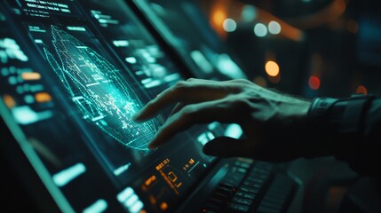 A person interacts with a futuristic touch screen in a dimly lit environment
