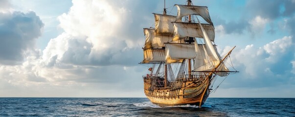 Wall Mural - A majestic galleon sailing the high seas, its sails billowing in the wind as it seeks adventure on the horizon.