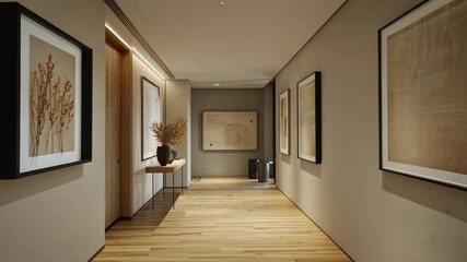 Aufkleber - Modern hallway design featuring wooden flooring, minimalist decor, framed artwork, and decorative vase, creating warm atmosphere for contemporary interiors.
