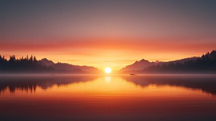 Wall Mural - Serene sunset over a tranquil lake with mountains silhouetted in the background