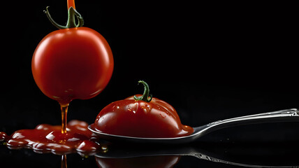 Red ketchup and single tomato pouring into a spoon on a black background. Shallow depth of field 