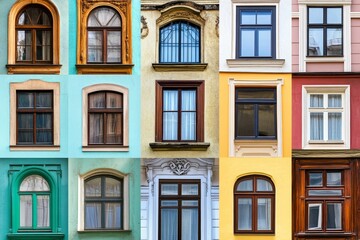 Wall Mural - Multicolored building facade with diverse windows.