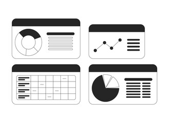 Wall Mural - business dashboard with pie charts and graphs black and white 2d line objects set. data analysis, an