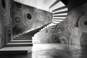 Poster - Spiral staircase ascends, patterned wall backdrop.