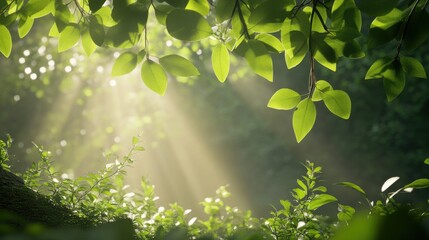 Wall Mural - Sunlight filtering through lush green leaves, creating a serene and peaceful atmosphere.