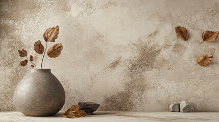 Wall Mural - Minimalist Autumn Still Life with Stone Vase and Fallen Leaves