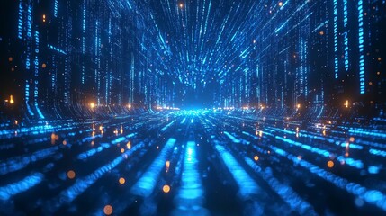 Abstract blue digital data stream, futuristic tunnel, glowing particles, technology background, website banner