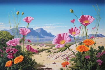 Canvas Print - flowers on desert landscape outdoors painting nature