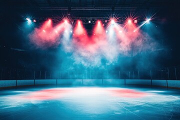 Wall Mural - ice hockey arena, with spotlights shining down from the top and two lights in front on a black background in a red color theme, with smoke.