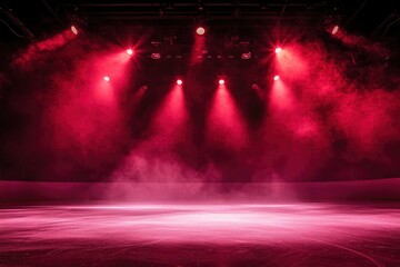 Wall Mural - ice hockey arena, with spotlights shining down from the top and two lights in front on a black background in a red color theme, with smoke.