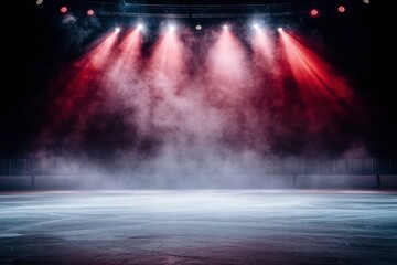 Wall Mural - ice hockey arena, with spotlights shining down from the top and two lights in front on a black background in a red color theme, with smoke.