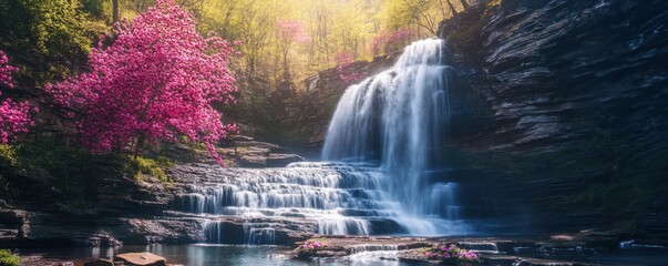 Poster - A majestic waterfall cascading down a mountain of vibrant spring blossoms, symbolizing the renewal of life.