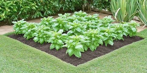 Canvas Print - Garden basil plants in square bed, green grass background.  Culinary herb