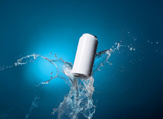 Poster - A sleek, white aluminum can emerges from a splash of vibrant blue water, creating a dynamic and refreshing visual.