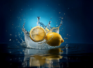 Aufkleber - Two lemons create a vibrant splash in a dark blue water. The scene is dynamic, showcasing the citrus fruit's juicy nature and the energy of the water.  The reflection adds depth.