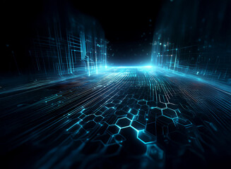 Fototapete - Abstract digital landscape. Glowing blue circuits and hexagons form a futuristic pathway extending into a dark horizon.  The scene evokes a sense of technological advancement and limitless possibiliti