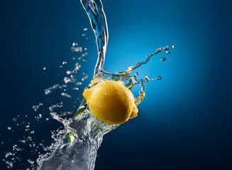 Poster - A vibrant yellow lemon is dramatically captured in a splash of water against a deep blue backdrop.  The image showcases the freshness and vibrancy of the citrus fruit.