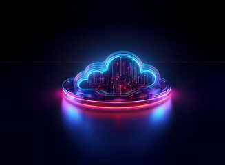 Aufkleber - Neon cloud symbol on a circular platform, glowing with pink and blue hues,  representing digital technology and data storage.  The intricate circuitry within suggests complex systems.