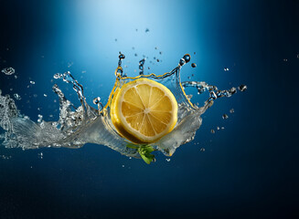 Poster - A vibrant lemon half creates a dynamic splash in crystal-clear water against a deep blue backdrop.  The image is bright, fresh, and evokes feelings of refreshment.