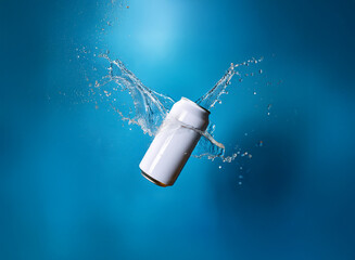 Aufkleber - A white aluminum can, seemingly weightless, floats amidst a dynamic splash of water against a vibrant blue backdrop. The scene evokes a sense of refreshment and energy.