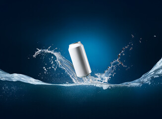 Poster - A sleek, blank aluminum can plunges into clear water, creating a dynamic splash.  The scene is set against a dark blue backdrop, highlighting the can's smooth surface and the water's vibrant movement.