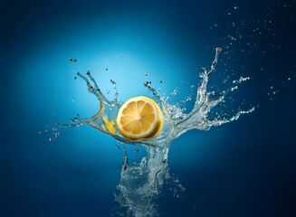 Poster - A vibrant lemon half creates a dramatic splash in a deep blue water backdrop.  The image showcases the juicy citrus fruit's impact on the water's surface.