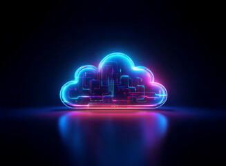 Aufkleber - Glowing neon cloud symbol with integrated circuitry, reflecting on a dark surface.  Represents digital technology and data storage.