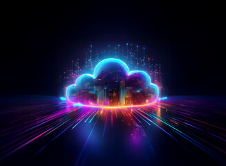 Aufkleber - A vibrant, glowing cloud symbol, rendered in neon blue and orange, sits on a dark surface.  Streaks of light emanate from its base, suggesting data flow and connectivity. The cloud's interior hints at