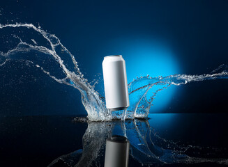 Poster - A sleek, white aluminum can emerges from a dynamic water splash against a deep blue backdrop.  The scene is dramatically lit, highlighting the can and the water's movement.