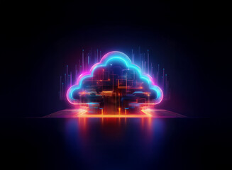 Aufkleber - Neon cloud-shaped digital network glowing brightly on dark background.  Internal circuitry pulses with orange light, vertical data streams emanate.  Modern technology concept.