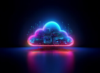Fototapete - Glowing neon cloud symbol, vibrant blue and pink hues, reflects on dark surface.  Digital data streams flow within, showcasing cloud computing concept.