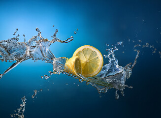 Poster - A vibrant lemon wedge is dramatically showcased amidst a dynamic splash of crystal-clear water against a deep blue backdrop. The image exudes freshness and vitality.