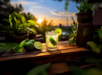 Poster - Refreshing lime cocktail at sunset, garnished with lime wedges and ice.  The drink sits on a wooden surface, surrounded by lush greenery.